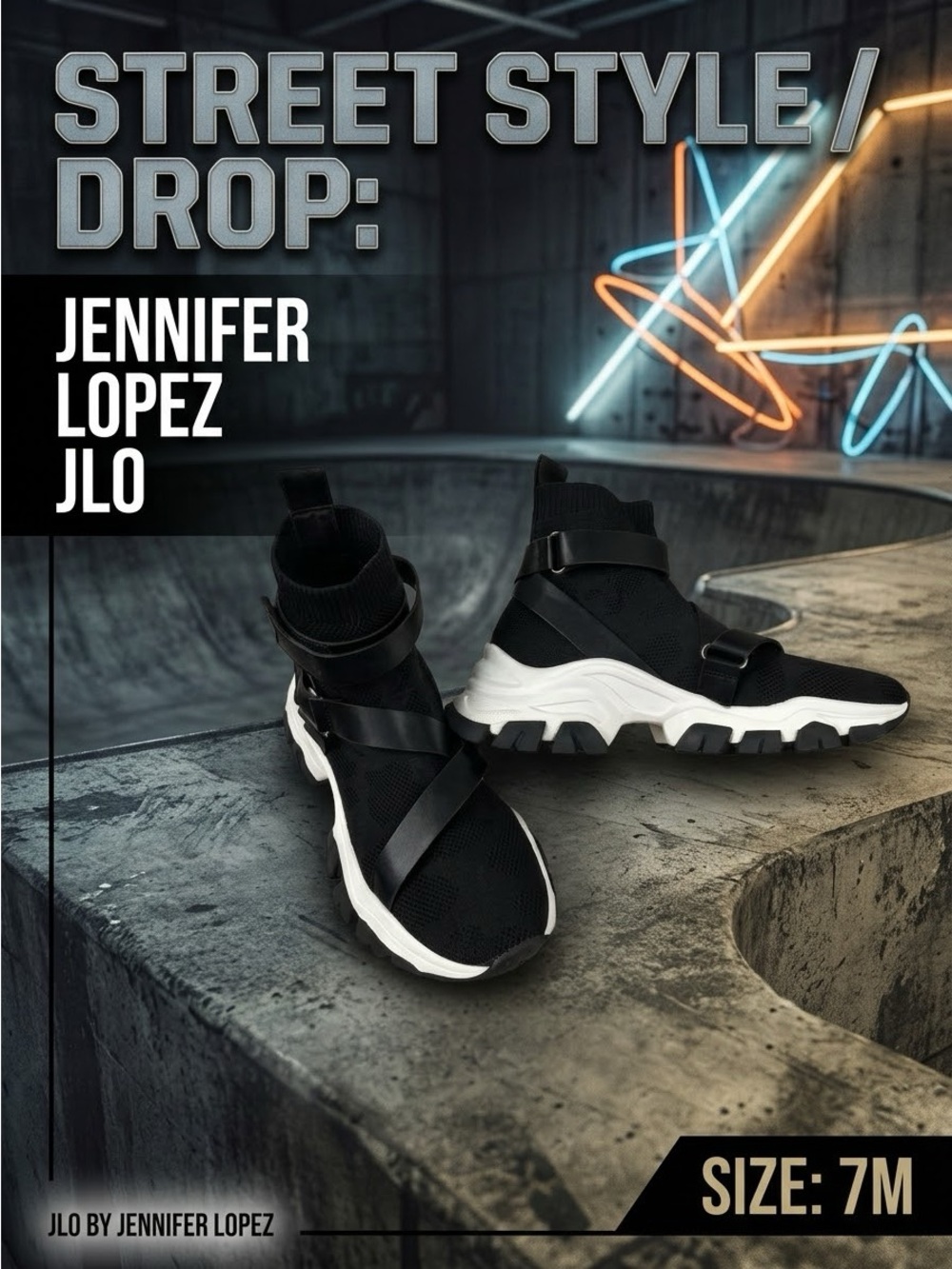 JLO Jennifer Lopez Women’s Black & White Cement Strappy Sock Sneaker Booties 7